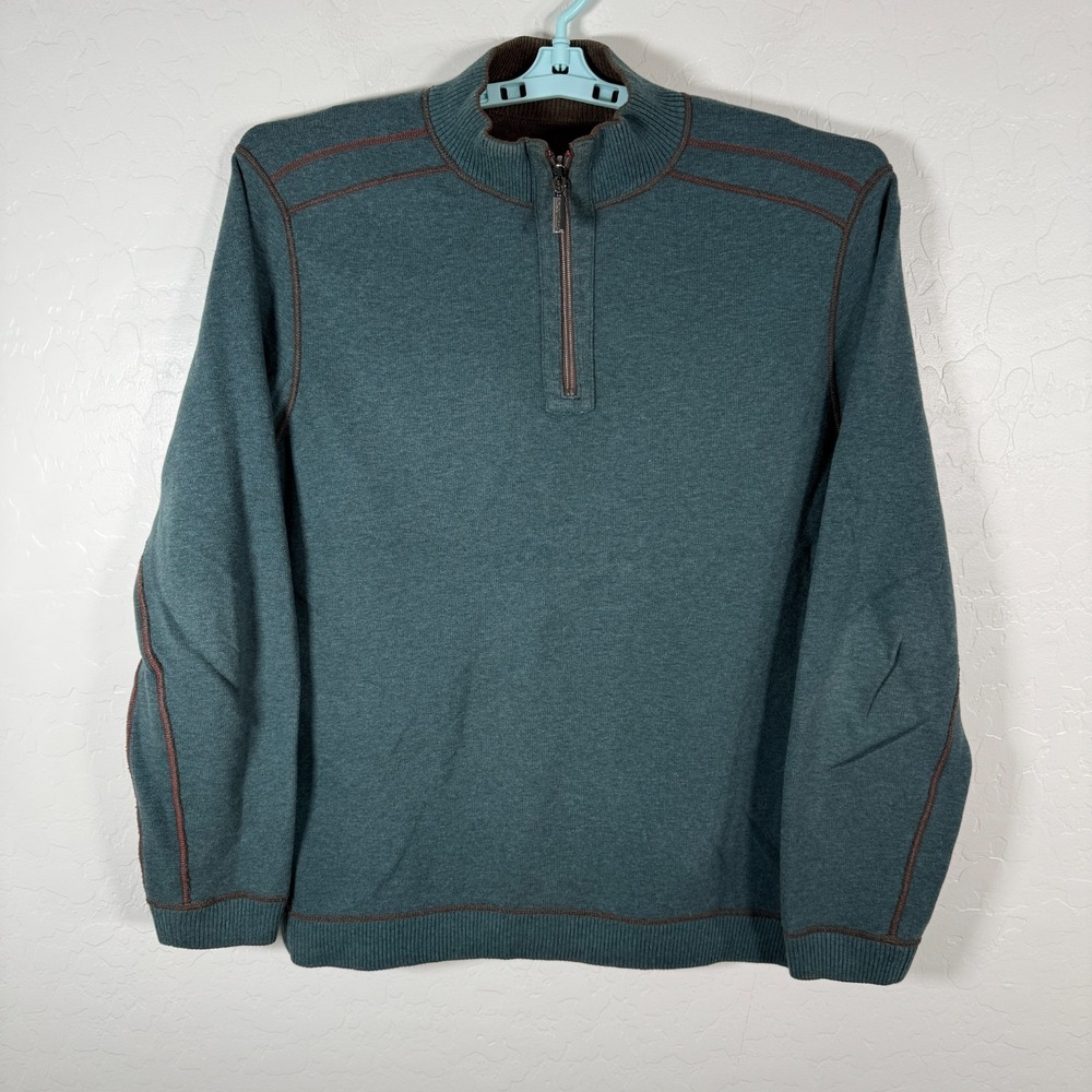 Tommy Bahama Sweater 1/4 Zip Pullover Mens Large Blue Brown Island Beach Knit